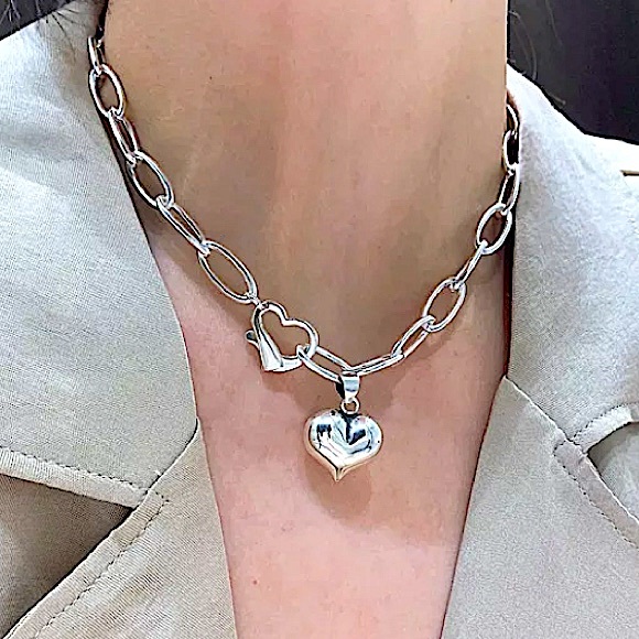 Sterling Silver Heart Chain Link Necklace Bracelet Matching Set - Picture 2 of 9